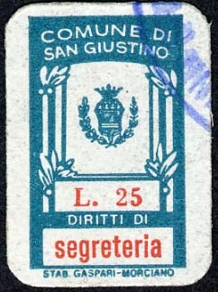 Marca da Bollo del Comune di SAN GIUSTINO su Carta Bianca di dimensioni 12 x 20 mm