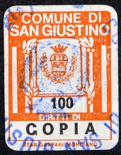 Marca da Bollo del Comune di SAN GIUSTINO su Carta Bianca di dimensioni 15 x 19,5 mm