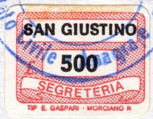 Marca da Bollo del Comune di SAN GIUSTINO su Carta Bianca di dimensioni 18,5 x 14 mm
