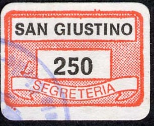 Marca da Bollo del Comune di SAN GIUSTINO su Carta Bianca di dimensioni 18,5 x 13,5 mm
