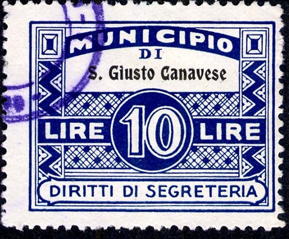 Marca da Bollo del Comune di SAN GIUSTO CANAVESE su Carta Bianca di dimensioni 28 X 22 mm