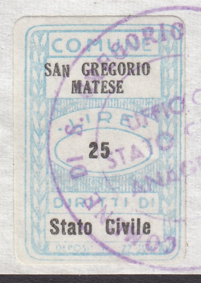 Marca da Bollo del Comune di SAN GREGORIO MATESE su Carta Bianca di dimensioni 20 x 30 mm