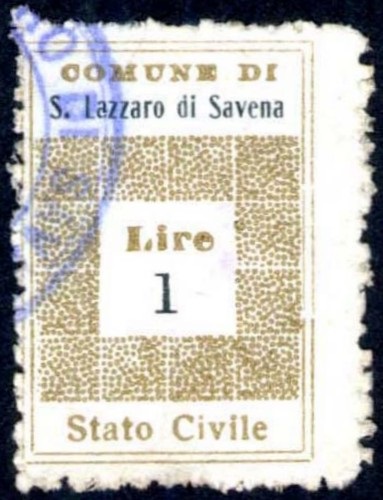 Marca da Bollo del Comune di SAN LAZZARO DI SAVENA su Carta Bianca di dimensioni 19,5 x 28 mm