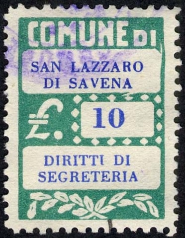 Marca da Bollo del Comune di SAN LAZZARO DI SAVENA su Carta Bianca Sottile di dimensioni 19 x 25,5 mm