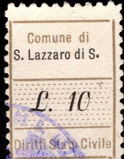 Marca da Bollo del Comune di SAN LAZZARO DI SAVENA su Carta Bianca di dimensioni 15 x 15 mm