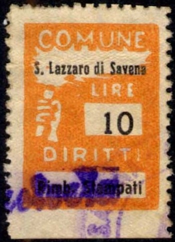 Marca da Bollo del Comune di SAN LAZZARO DI SAVENA su Carta Bianca Sottile di dimensioni 18,5 x 26 mm