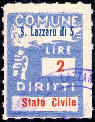 Marca da Bollo del Comune di SAN LAZZARO DI SAVENA su Carta Bianca Sottile di dimensioni 18 x 26 mm