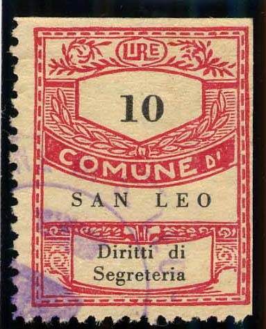 Marca da Bollo del Comune di SAN LEO su Carta Bianca di dimensioni 21,5 x 28 mm