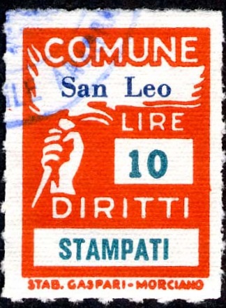 Marca da Bollo del Comune di SAN LEO su Carta Bianca di dimensioni 18,5 x 26 mm