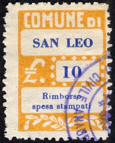 Marca da Bollo del Comune di SAN LEO su Carta Bianca di dimensioni 20 x 28 mm