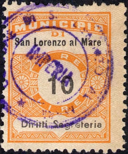 Marca da Bollo del Comune di SAN LORENZO AL MARE su Carta Bianca di dimensioni 22,5 x 29 mm