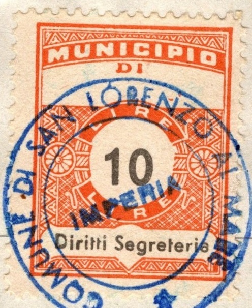 Marca da Bollo del Comune di SAN LORENZO su Carta Bianca di dimensioni 22,5 x 29 mm