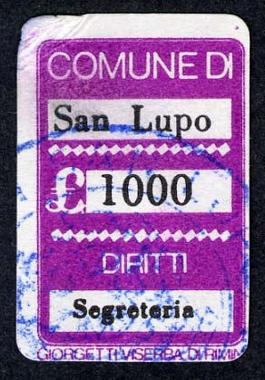 Marca da Bollo del Comune di SAN LUPO su Carta Bianca di dimensioni 20 x 32 mm