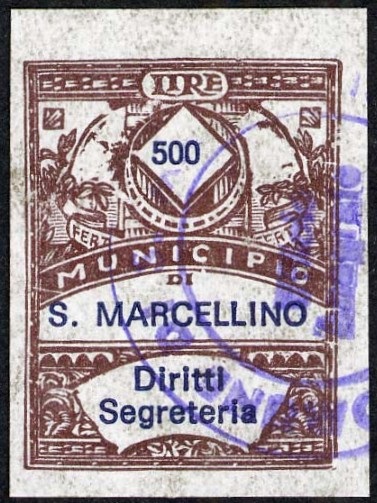Marca da Bollo del Comune di SAN MARCELLINO su Carta Bianca di dimensioni 21, x 28,5 mm