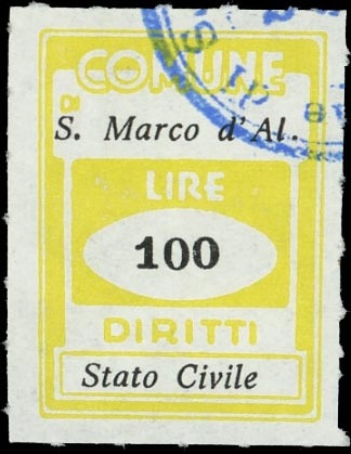 Marca da Bollo del Comune di SAN MARCO D´ALUNZIO su Carta Bianca di dimensioni 18,5 x 25,5 mm