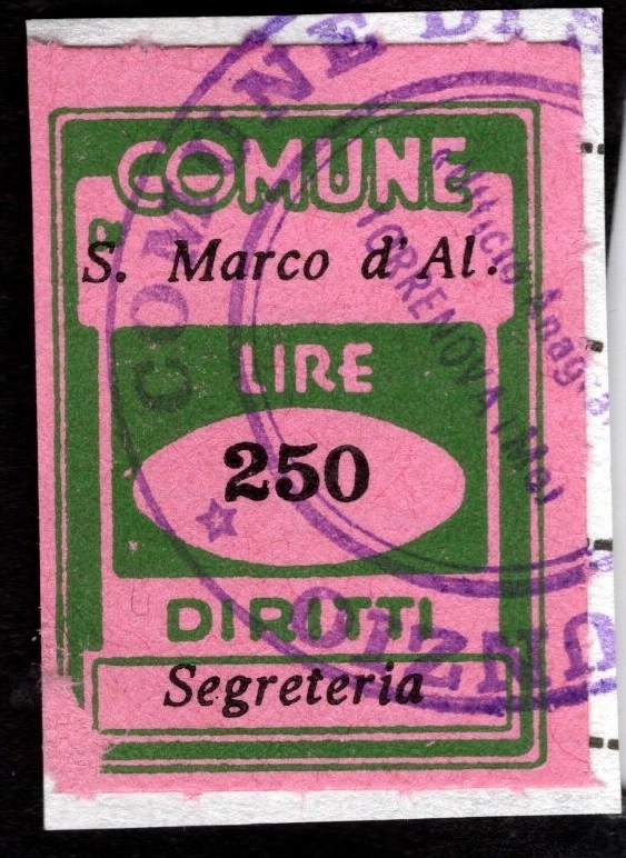Marca da Bollo del Comune di SAN MARCO D´ALUNZIO su Carta Bianca di dimensioni 20 x 28 mm