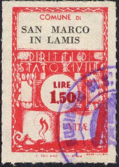 Marca da Bollo del Comune di SAN MARCO IN LAMIS su Carta Bianca Sottile di dimensioni 21 x 32,5 mm