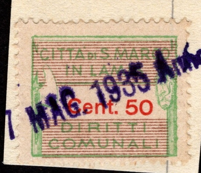 Marca da Bollo del Comune di SAN MARCO IN LAMIS su Carta Bianca Sottile di dimensioni 26 x 15 mm