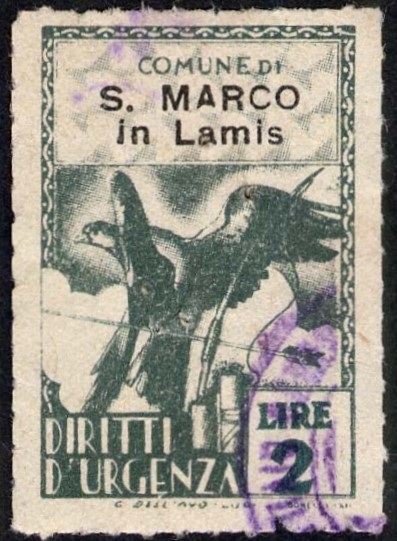 Marca da Bollo del Comune di SAN MARCO IN LAMIS su Carta Bianca Sottile di dimensioni 21 x 32,5 mm
