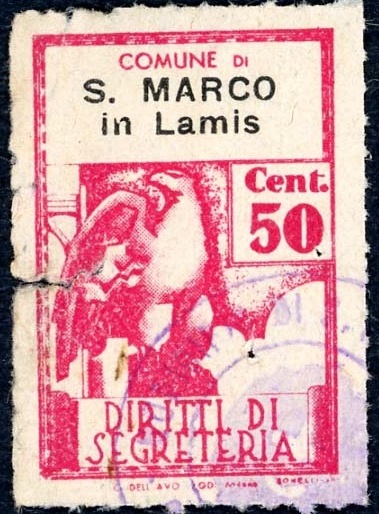 Marca da Bollo del Comune di SAN MARCO IN LAMIS su Carta Bianca Sottile di dimensioni 21 x 32,5 mm