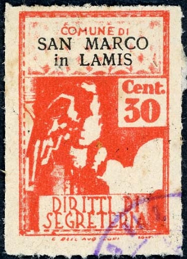 Marca da Bollo del Comune di SAN MARCO IN LAMIS su Carta Bianca Sottile di dimensioni 21 x 32,5 mm