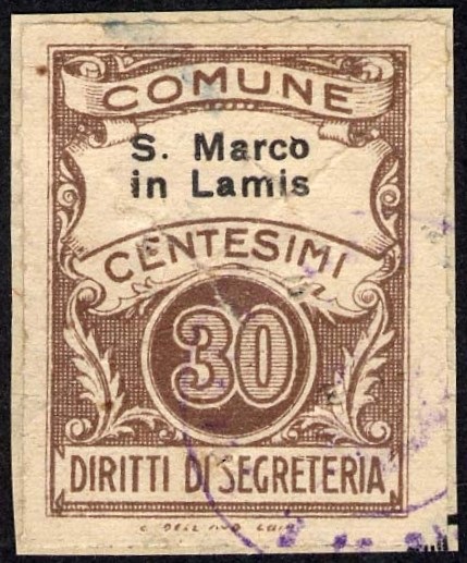 Marca da Bollo del Comune di SAN MARCO IN LAMIS su Carta Bianca Sottile di dimensioni 22,5 x 29 mm