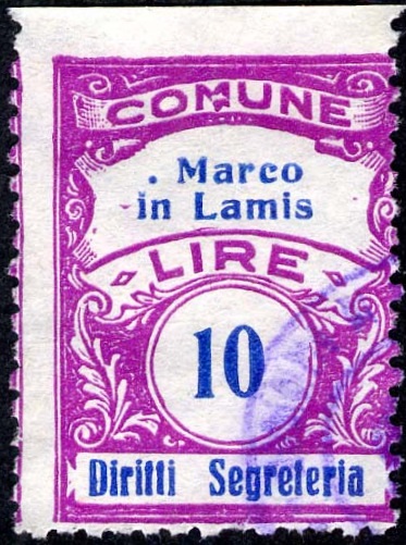 Marca da Bollo del Comune di SAN MARCO IN LAMIS su Carta Bianca Sottile di dimensioni 22 x 29,5 mm