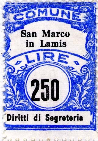Marca da Bollo del Comune di SAN MARCO IN LAMIS su Carta Bianca Sottile di dimensioni 22 x 29,5 mm