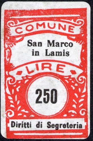 Marca da Bollo del Comune di SAN MARCO IN LAMIS su Carta Bianca di dimensioni 20 x 32 mm