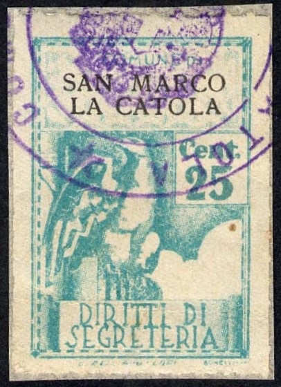 Marca da Bollo del Comune di SAN MARCO LA CATOLA su Carta Bianca Sottile di dimensioni 21 x 32,5 mm