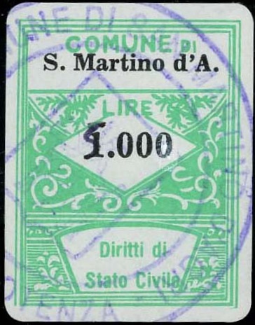 Marca da Bollo del Comune di SAN MARTINO D´AGRI su Carta Bianca di dimensioni 21,5 x 28 mm