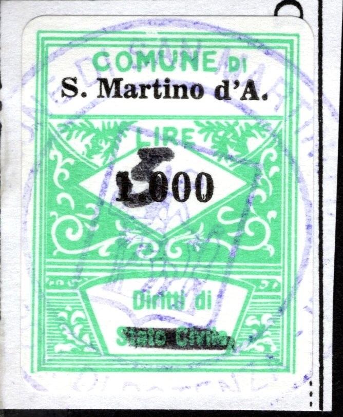 Marca da Bollo del Comune di SAN MARTINO DALL´ARGINE su Carta Bianca di dimensioni 16 c 31 mm