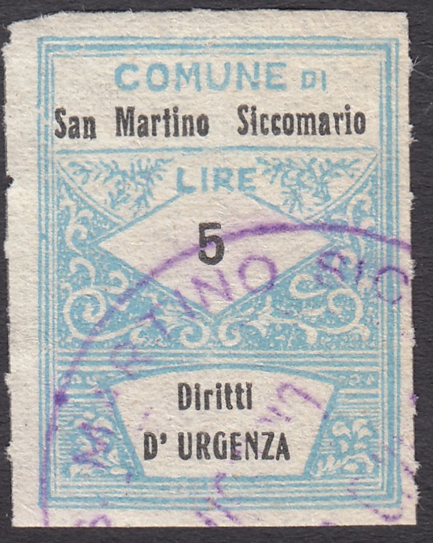 Marca da Bollo del Comune di SAN MARTINO SICCOMARIO su Carta Bianca Sottile di dimensioni 22 x 29 mm