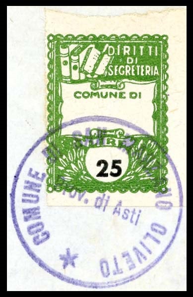 Marca da Bollo del Comune di SAN MARZANO OLIVETO su Carta Bianca di dimensioni 22 x 29 mm
