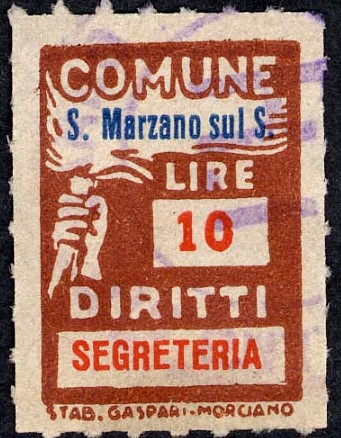 Marca da Bollo del Comune di SAN MARZANO SUL SARNO su Carta Bianca Sottile di dimensioni 18,5 x 26 mm