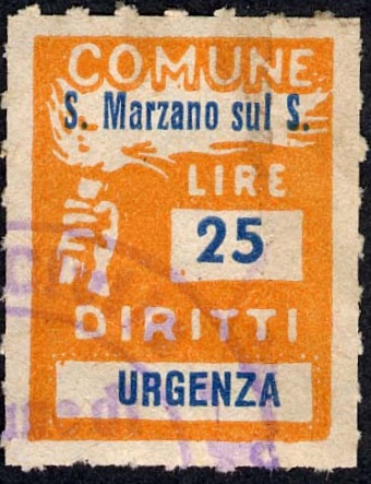 Marca da Bollo del Comune di SAN MARZANO SUL SARNO su Carta Bianca di dimensioni 18,5 x 25,5 mm