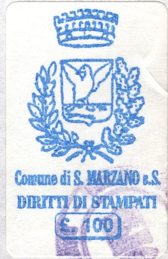 Marca da Bollo del Comune di SAN MARZANO SUL SARNO su Carta Bianca di dimensioni 14 x 25 mm