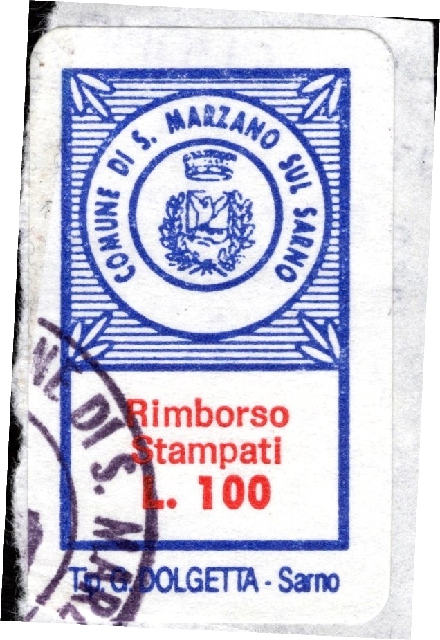 Marca da Bollo del Comune di SAN MARZANO SUL SARNO su Carta Bianca di dimensioni 14 x 30 mm