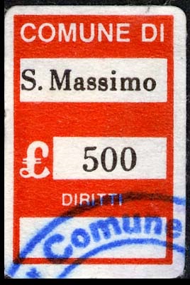 Marca da Bollo del Comune di SAN MASSIMO su Carta Bianca di dimensioni 15,5 x 24,5 mm