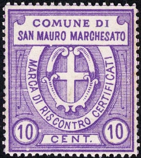 Marca da Bollo del Comune di SAN MAURO MARCHESATO su Carta Bianca di dimensioni 29,5 x 33,5 mm