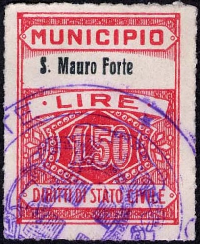 Marca da Bollo del Comune di SAN MAURO FORTE su Carta Bianca Sottile di dimensioni 22,5 x 29 mm