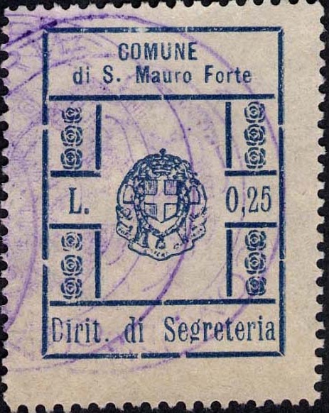 Marca da Bollo del Comune di SAN MAURO FORTE su Carta Bianca di dimensioni 23 x 31 mm
