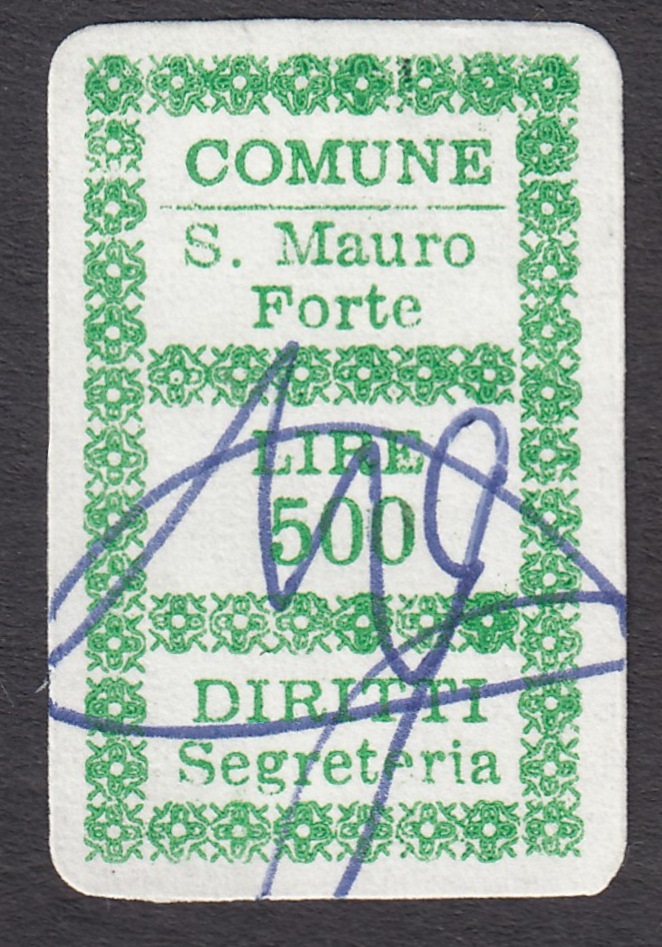 Marca da Bollo del Comune di SAN MAURO FORTE su Carta Bianca di dimensioni 18 x 29,5 mm