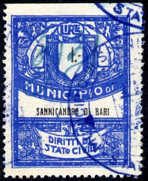 Marca da Bollo del Comune di SANNICANDRO DI BARI su Carta Bianca Sottile di dimensioni 22 x 28,5 mm