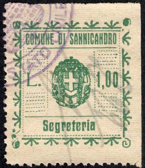 Marca da Bollo del Comune di SANNICANDRO DI BARI su Carta Bianca di dimensioni 27 x 28 mm