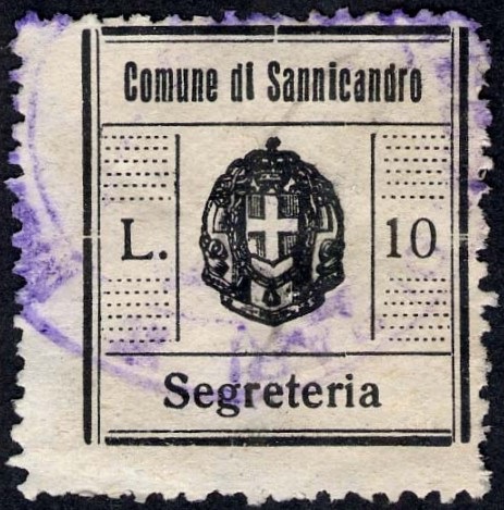 Marca da Bollo del Comune di SANNICANDRO DI BARI su Carta Bianca di dimensioni 27 x 28 mm