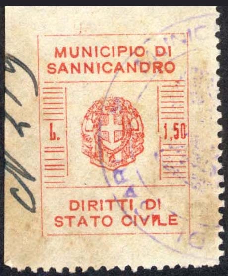 Marca da Bollo del Comune di SANNICANDRO DI BARI su Carta Bianca di dimensioni 27 x 28 mm