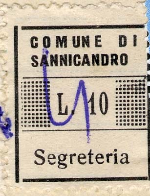 Marca da Bollo del Comune di SANNICANDRO DI BARI su Carta Bianca di dimensioni 18,5 x 22 mm