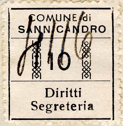 Marca da Bollo del Comune di SANNICANDRO DI BARI su Carta Avana di dimensioni 18 x 22 mm