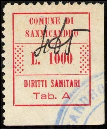 Marca da Bollo del Comune di SANNICANDRO DI BARI su Carta Bianca di dimensioni 20 x 24 mm
